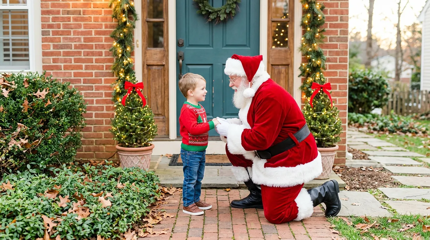 A snowy front door ready for a Christmas visit